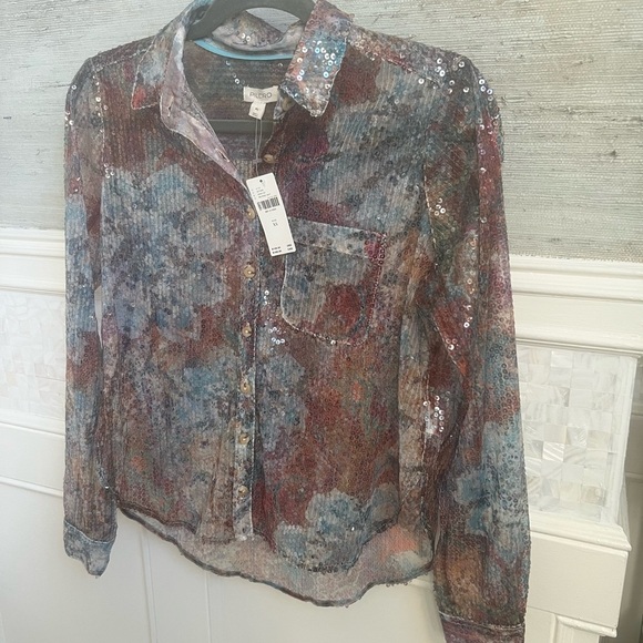 NWT new Anthropologie pilcro shrunken sequin button down shirt multi color XS - Picture 11 of 17